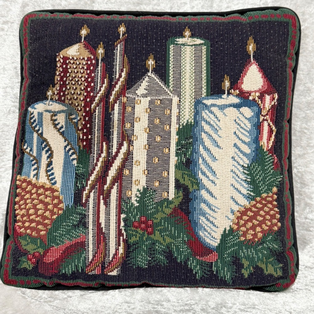 Vintage Christmas Candle Tapestry Accent Pillow Cozy Holiday Decor 18" x 18" - Picture 5 of 7